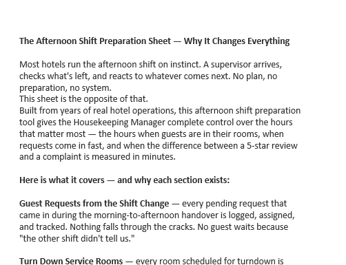 33. The HSKP Manager’s Afternoon Shift — Planning & Set Up Sheet