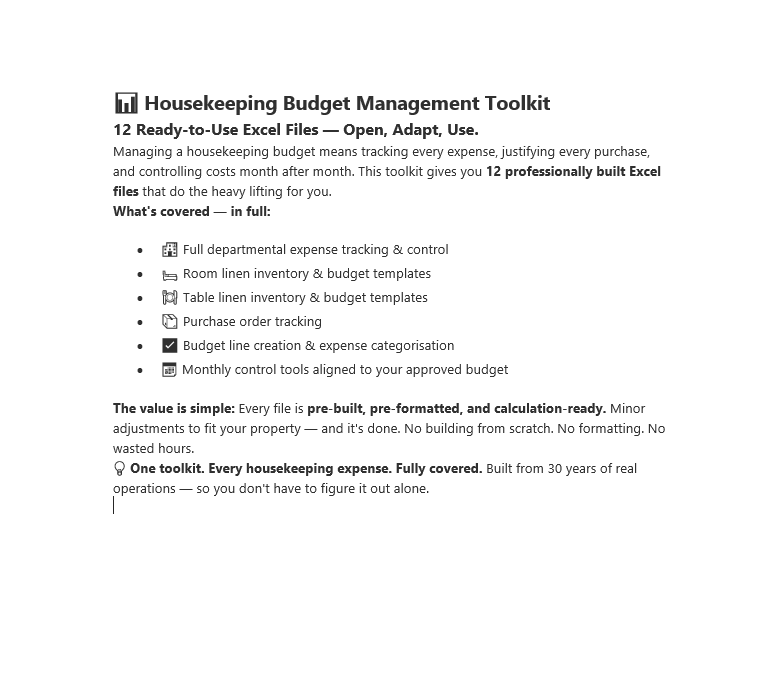 16. Housekeeping Budget Management Toolkit — Expense Control, Linen Inventory & Purchase Tracking