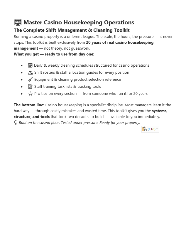 23. Master Casino Housekeeping Operations — Full Shift Management & Cleaning Toolkit