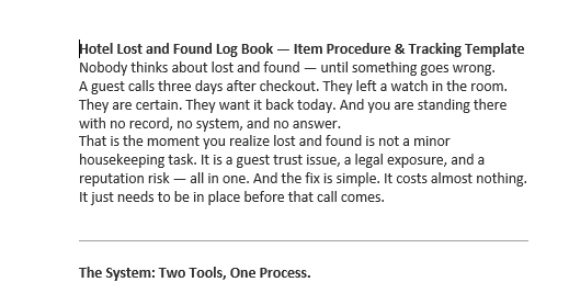 35. Hotel Lost and Found Log Book — Item Procedure & Tracking Template