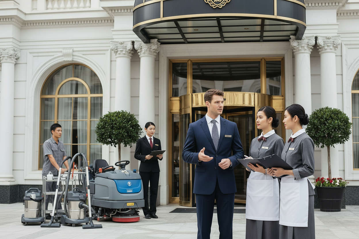 Housekeeping Training Team with Female Supervisor Near Machines