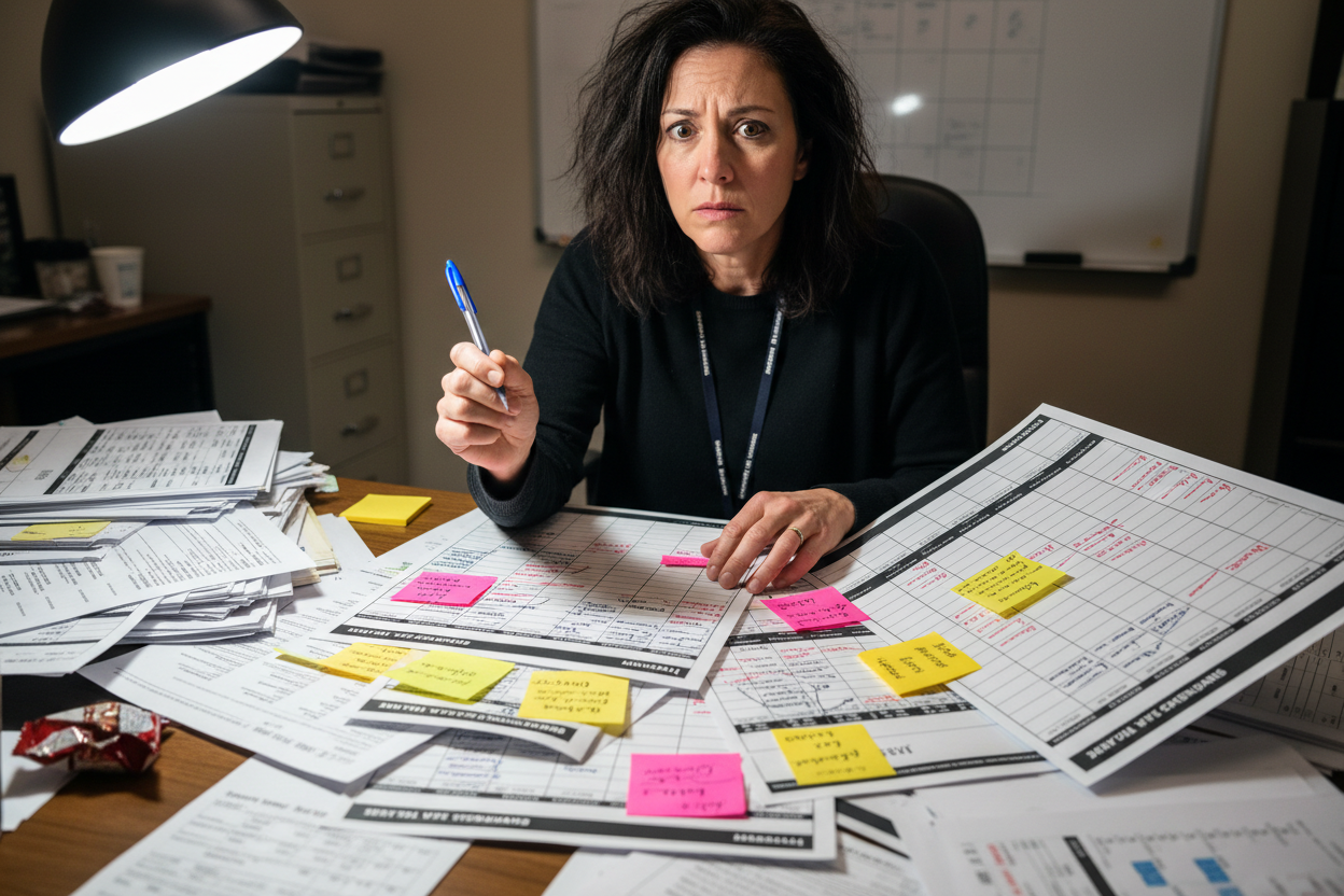 Stressed manager creating a personnel shift schedule