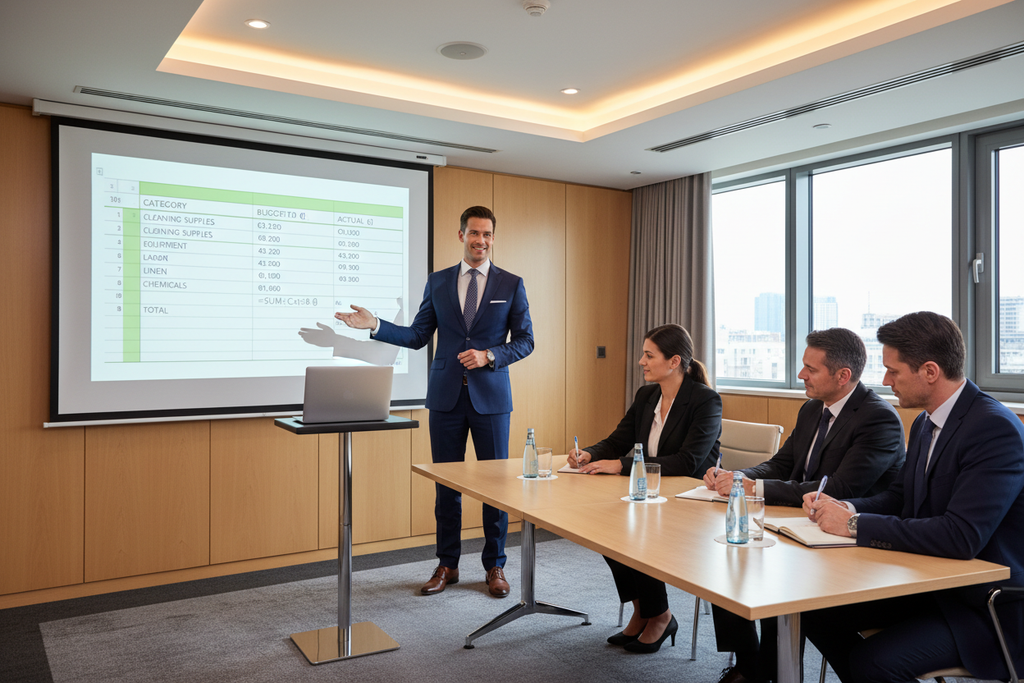 Professional trainer presenting housekeeping budget Excel spreadsheet to hotel managers in corporate training session