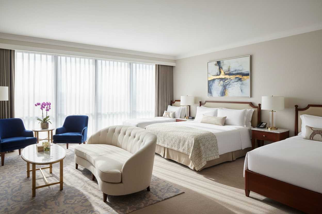 Premium hotel room with double bed, sofas and children's extra beds