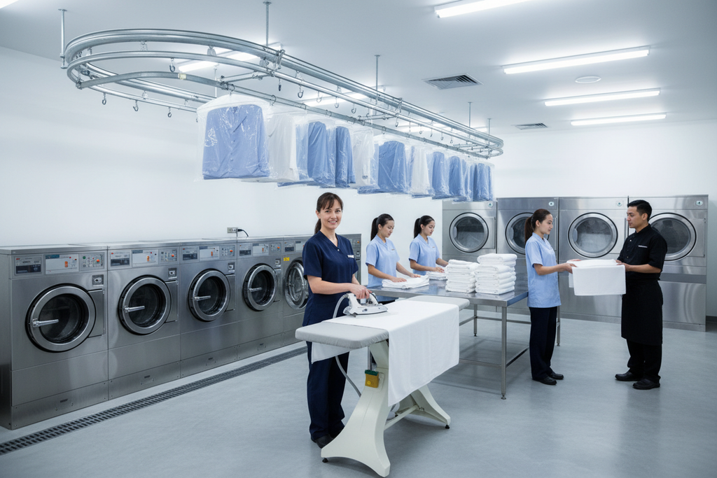 Professional hotel laundry department with staff and equipment