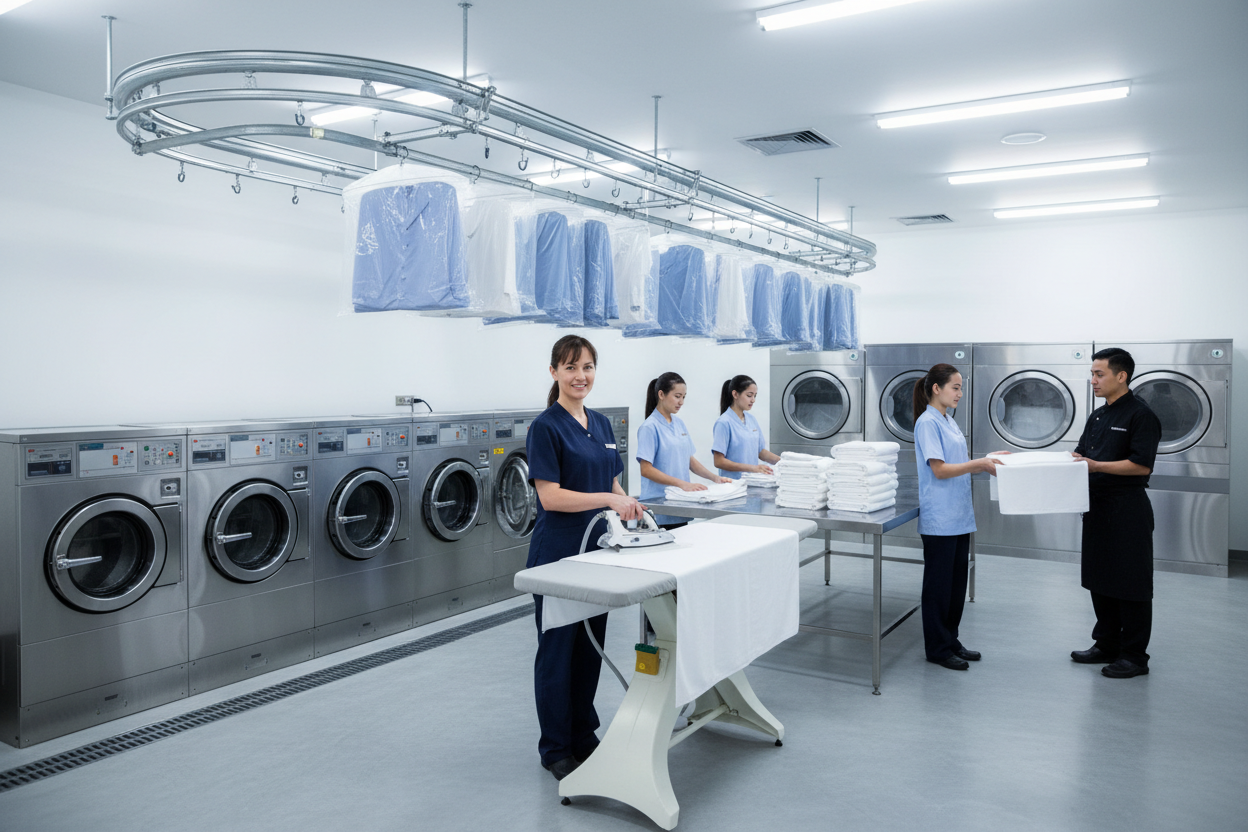 Professional hotel laundry department with staff and equipment