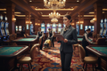 Casino floor with housekeeping manager inspecting cleaning staff at table games and slot machines