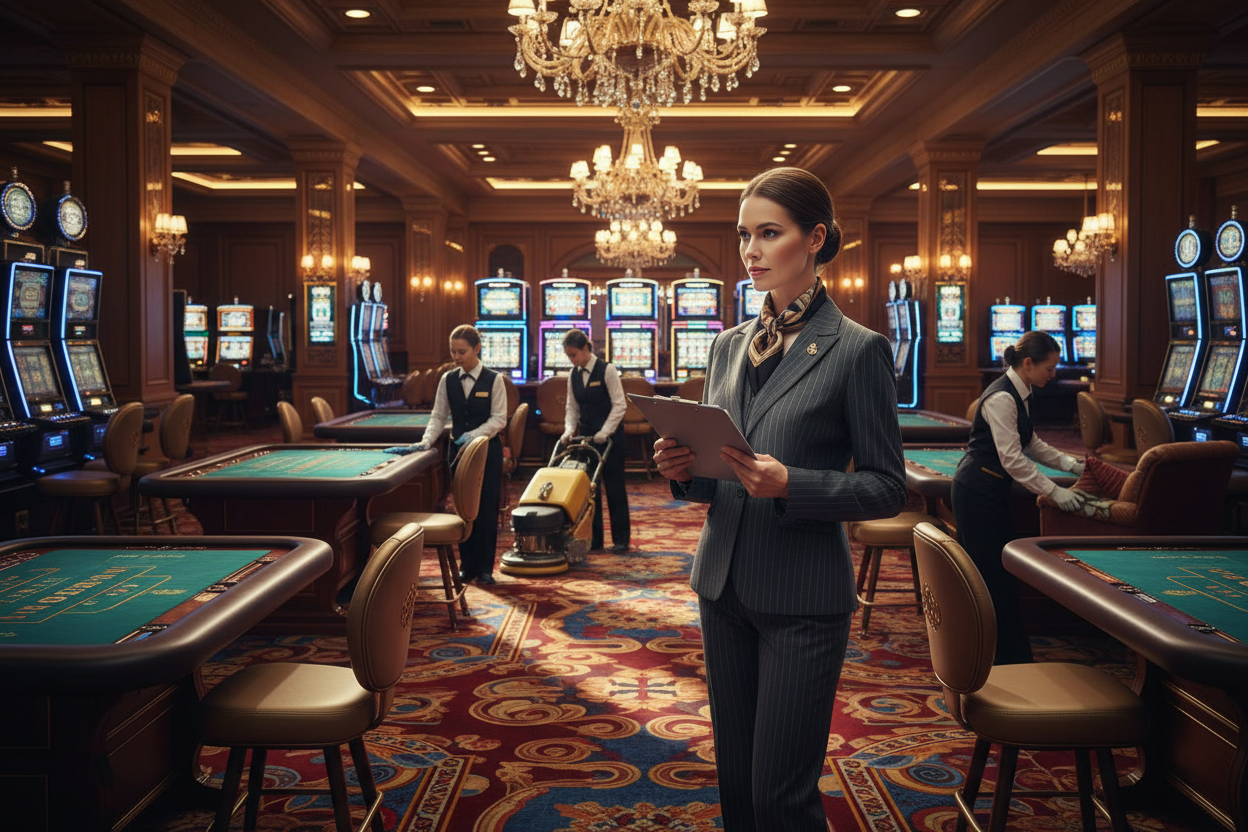 Casino floor with housekeeping manager inspecting cleaning staff at table games and slot machines