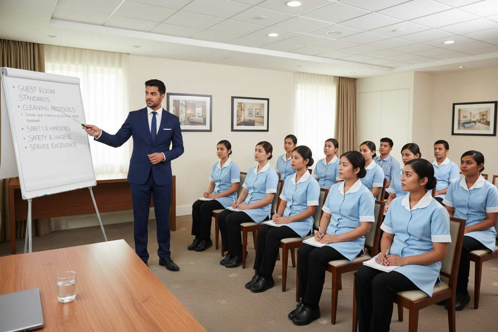 Housekeeping manager training a team of chambermaids and cleaners in a training room