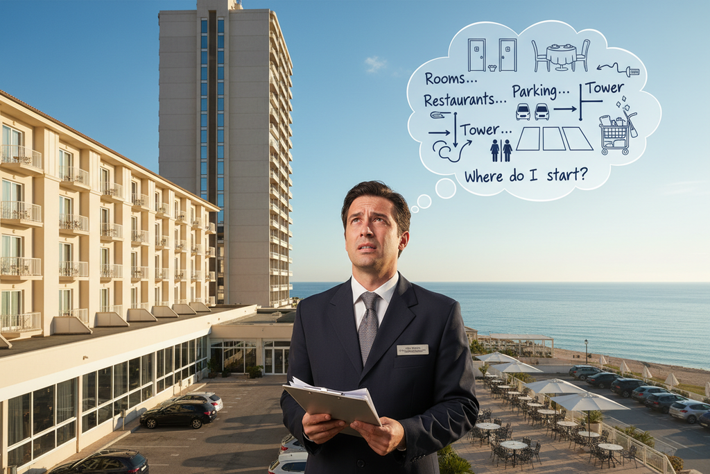 Photorealistic hotel housekeeping manager standing outside a large hotel and residential tower complex, holding a clipboard with a thought bubble about cleaning all areas