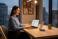 Happy housekeeping manager at desk with shift schedule and budget planner — everything under control