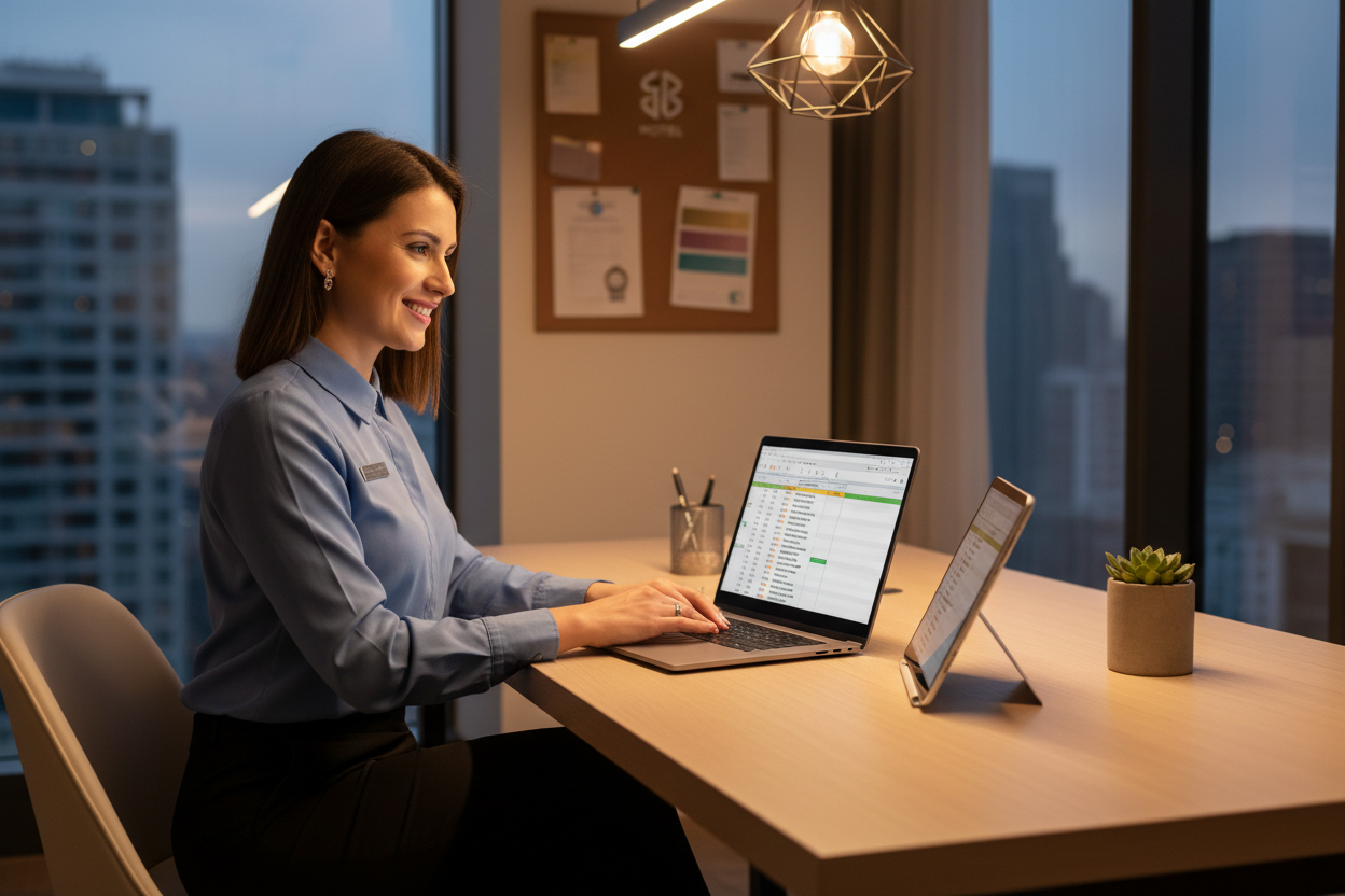 Happy housekeeping manager at desk with shift schedule and budget planner — everything under control