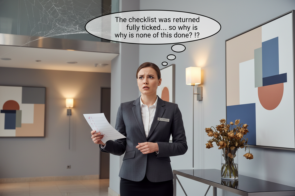 Female hotel housekeeping supervisor inspecting lobby, spotting spider web and damaged flowers while holding a ticked checklist