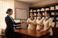 Housekeeping supervisor handing master cards to chambermaids in the housekeeping office