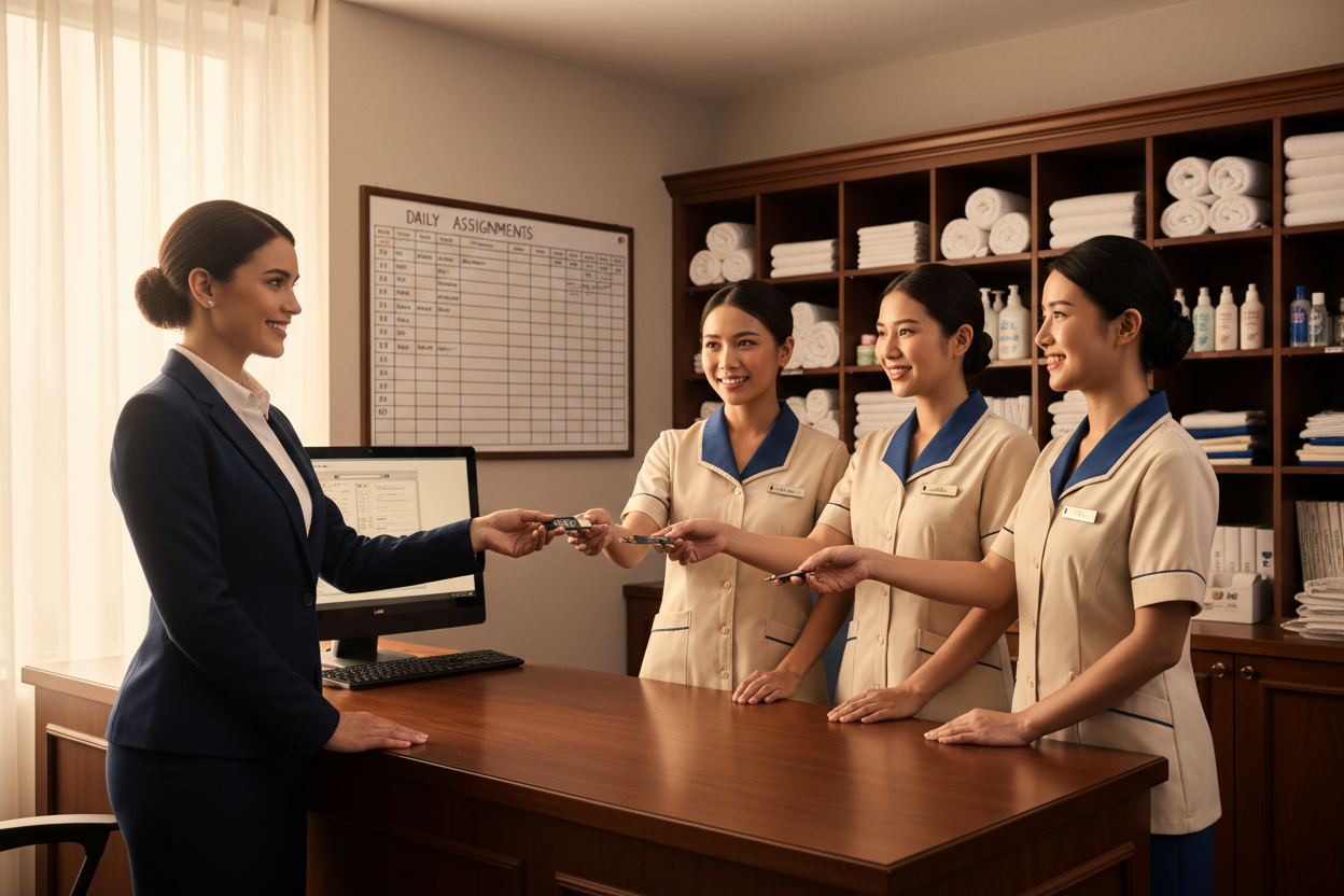 Housekeeping supervisor handing master cards to chambermaids in the housekeeping office
