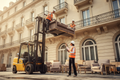Female housekeeping supervisor coordinating forklift delivery of hotel furniture to upper floor balcony during renovation