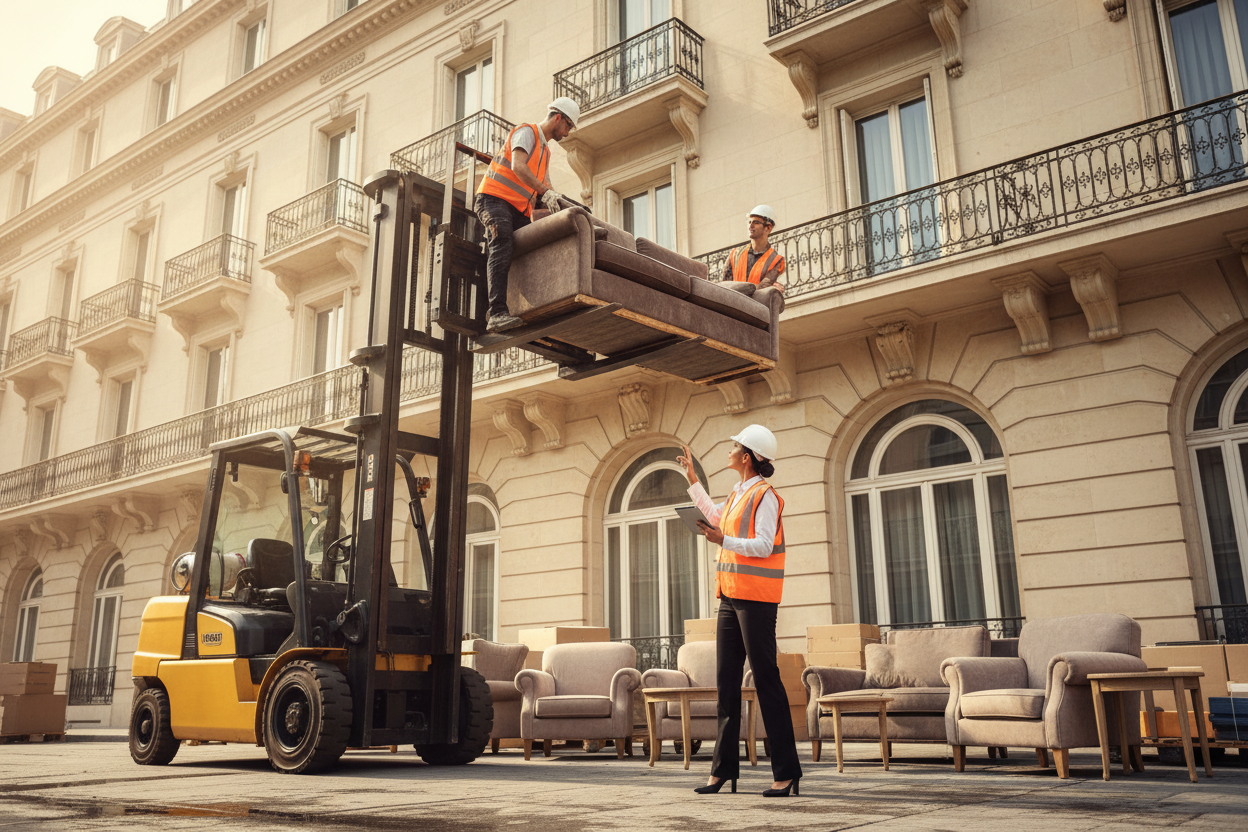 Female housekeeping supervisor coordinating forklift delivery of hotel furniture to upper floor balcony during renovation