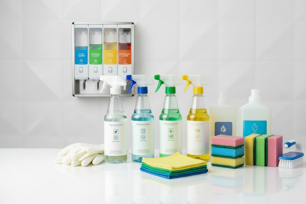 Hotel housekeeping cleaning supply dispenser system with 4 detergents