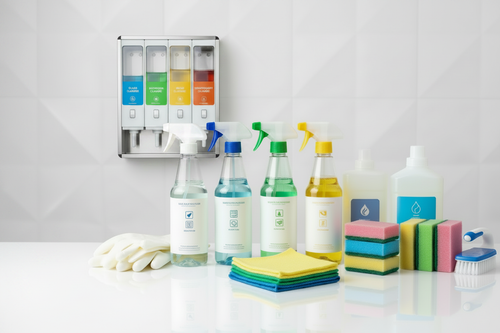 Hotel housekeeping cleaning supply dispenser system with 4 detergents