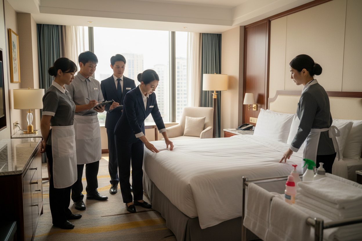Housekeeping supervisor conducting a training session with chambermaids and housemen in a hotel room